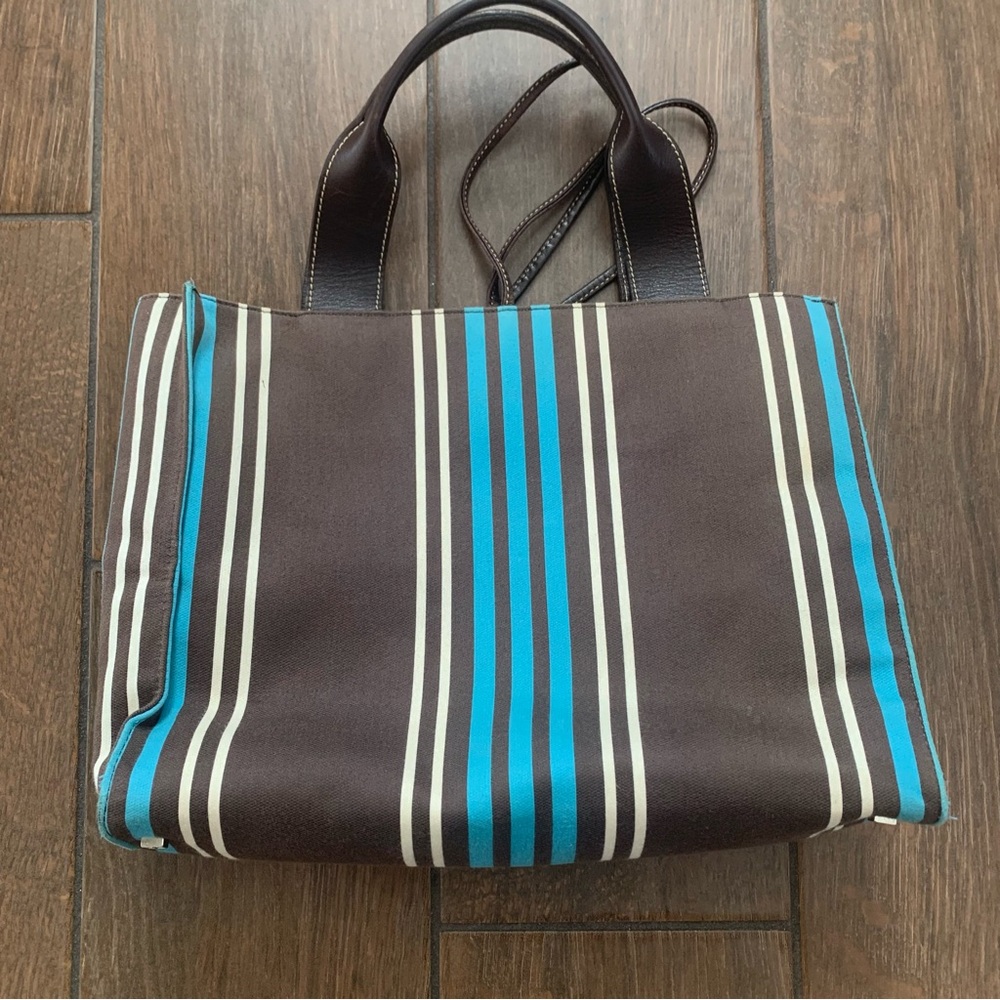 Kate Spade Blue & Brown Vertical Striped Canvas Satchel - Picture 2 of 6